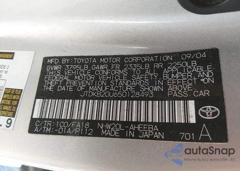 2005 Toyota Prius z USA, uszkodzony, nr VIN JTDKB20U650128493